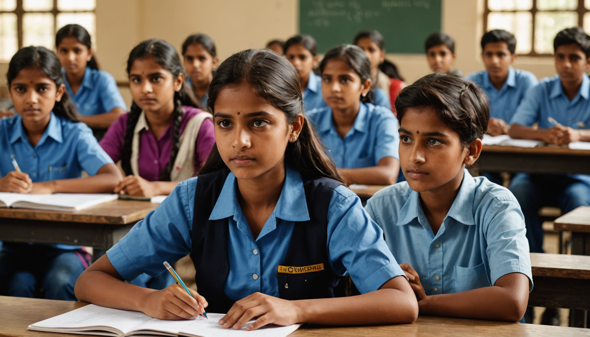 Students engaging with an AI-integrated STEM curriculum for Indian government schools on tablets in a bright classroom