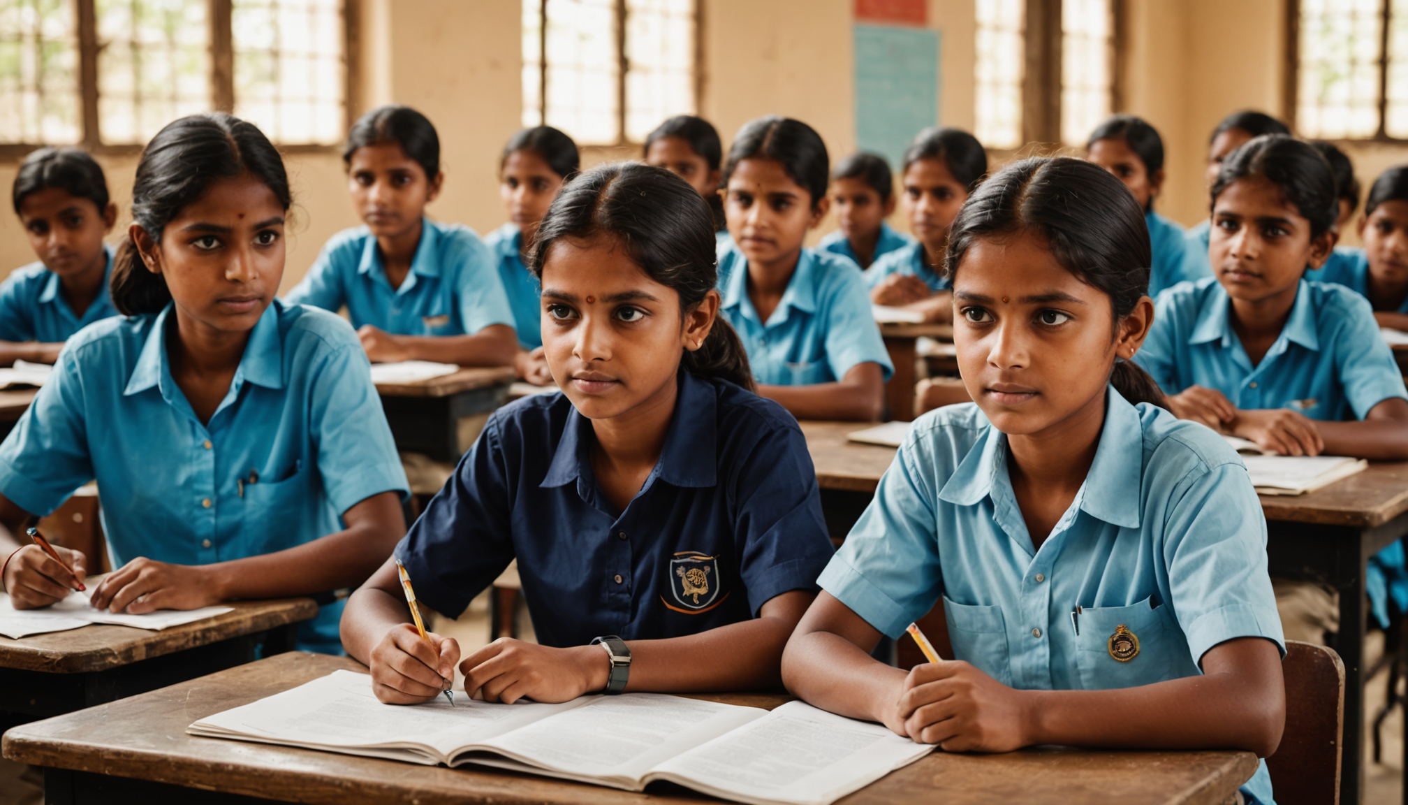 Students learning AI literacy programs for government schools India in a bright classroom with a teacher at a digital board