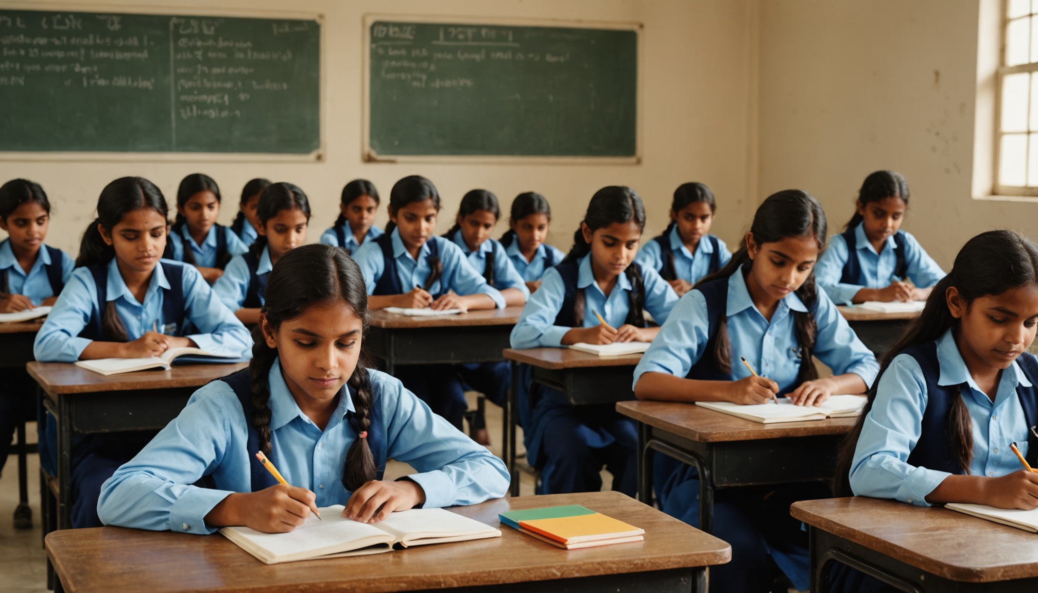 Students in an Indian government school classroom learning AI literacy skills for Indian government school students on tablet