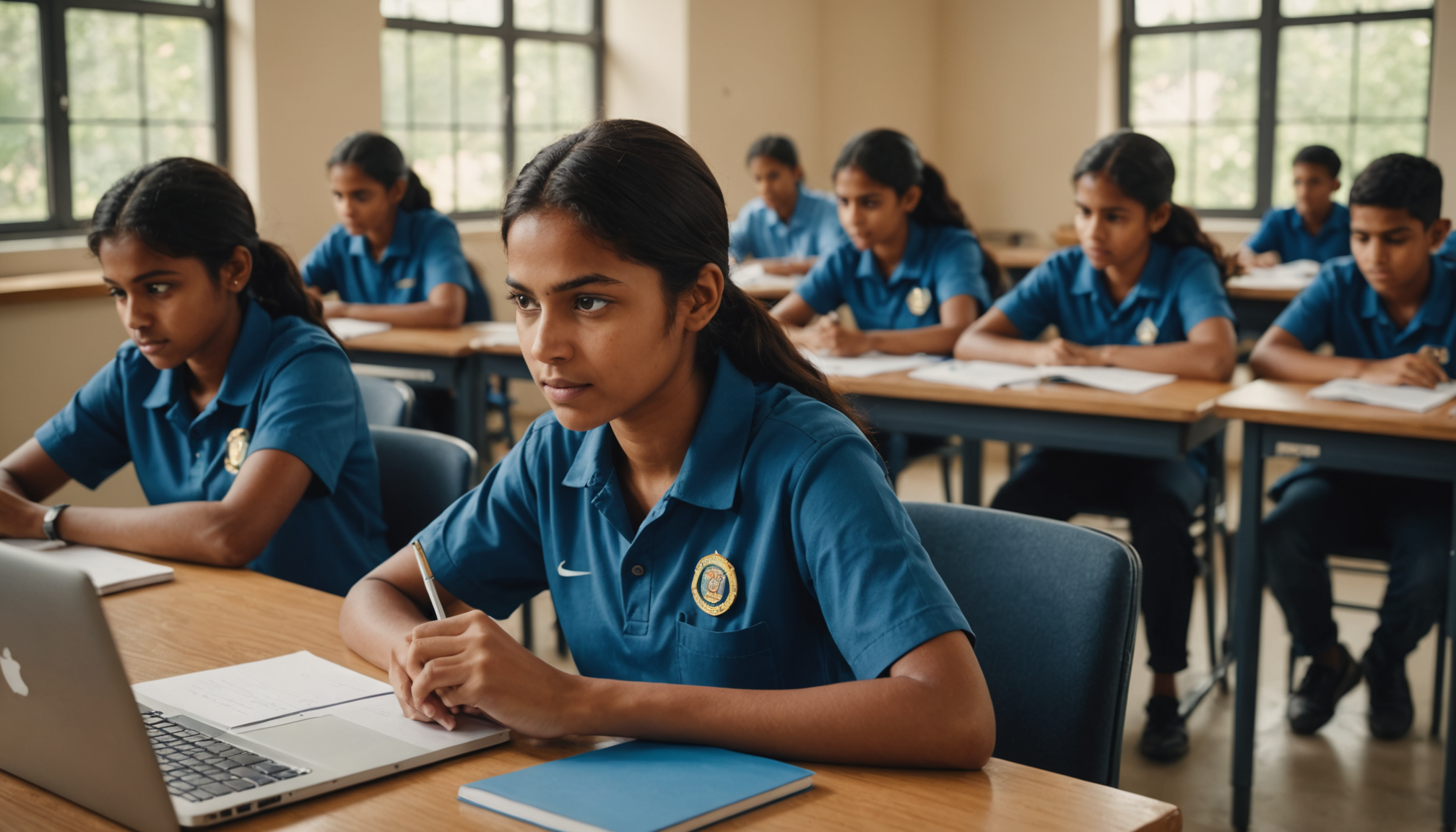 Students engaging with an AI-powered coding curriculum for government schools on tablets in a bright inclusive classroom