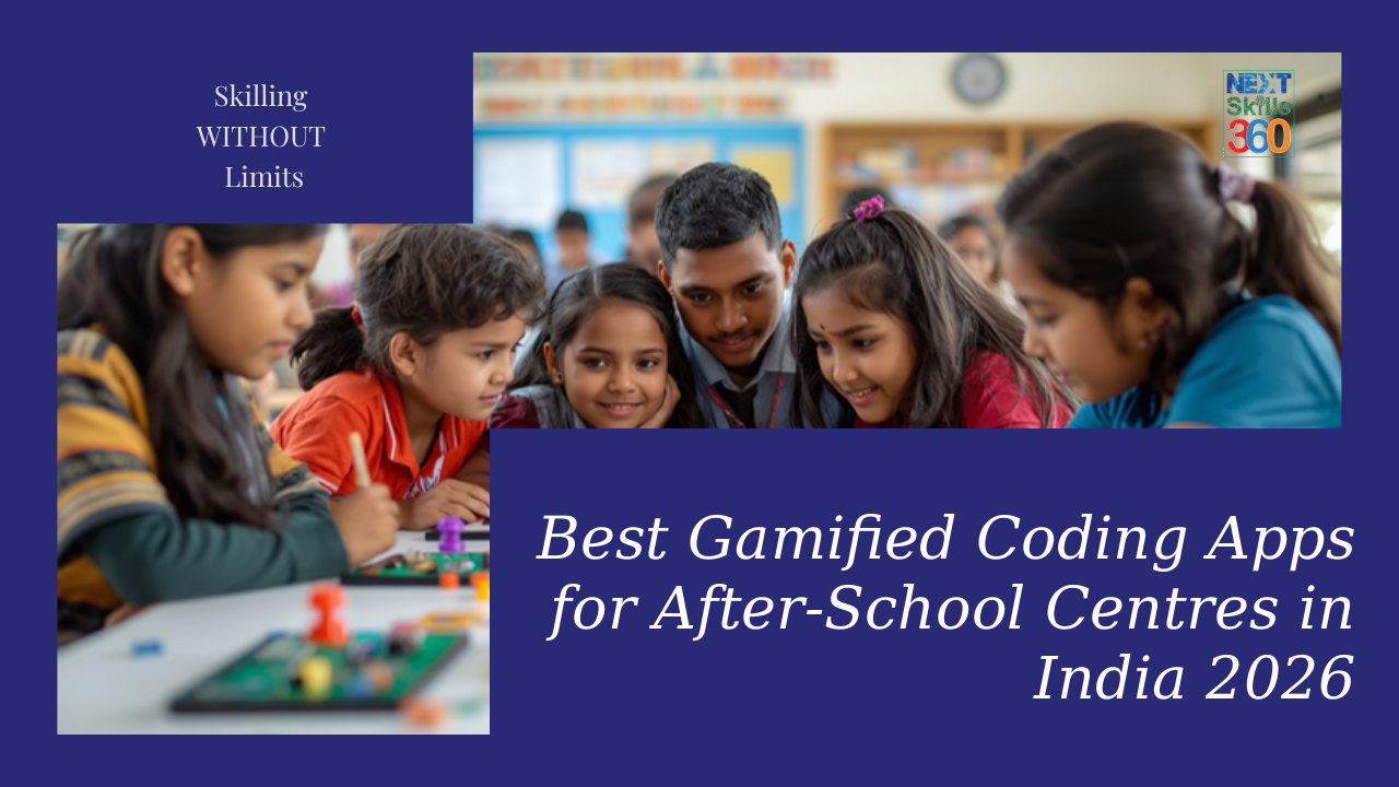 Students exploring what are the best gamified coding apps for after-school centres in India on tablets in a bright classroom