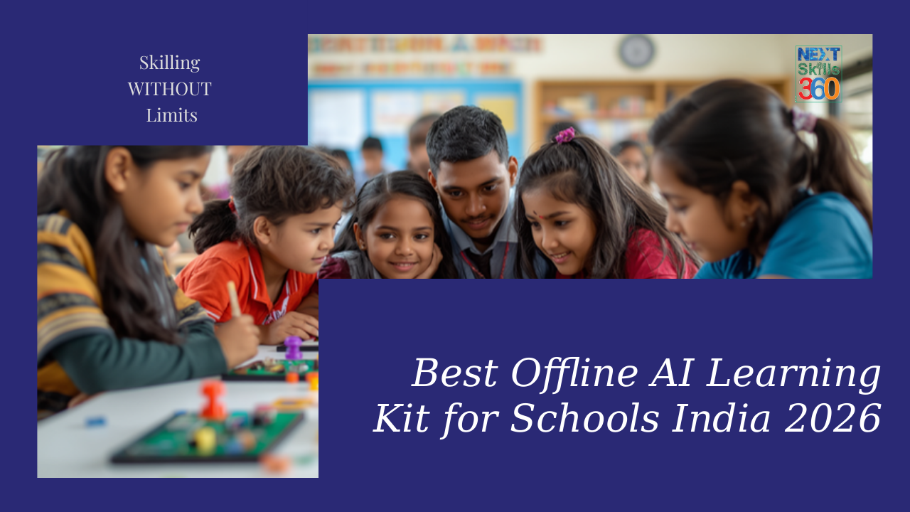 Students exploring an offline AI learning kit for schools India in a bright classroom with hands-on circuit boards and tablet