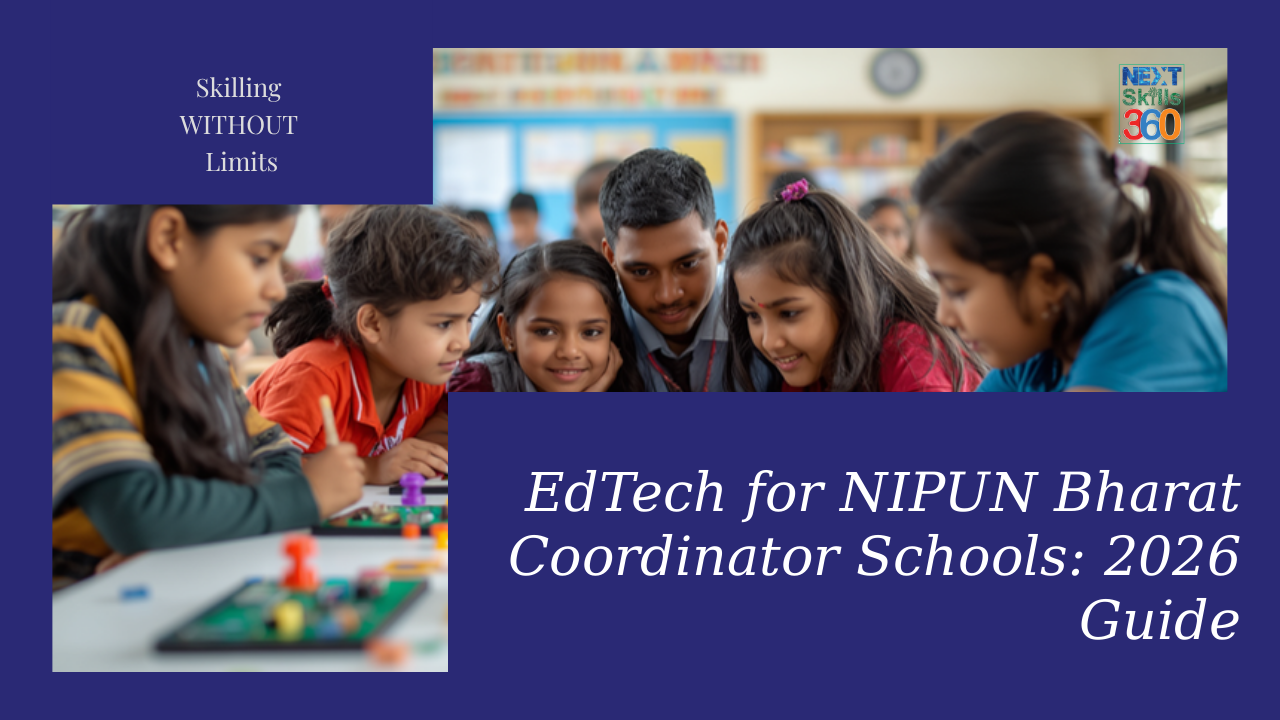 A coordinator demonstrating edtech for NIPUN bharat coordinator schools on a tablet to young learners in a bright classroom