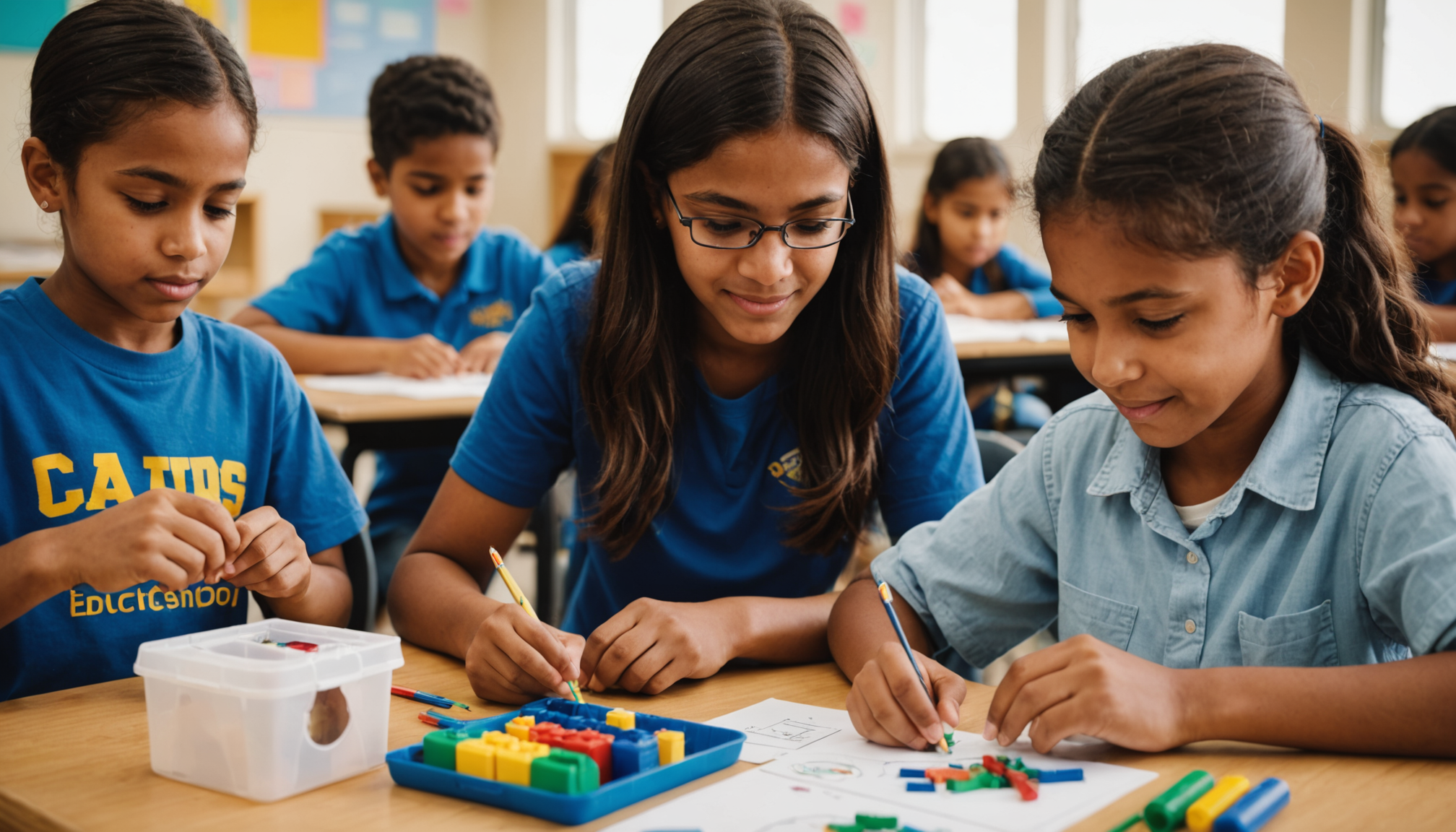 Diverse students with disabilities using hands-on STEM kits for inclusive special education at a bright classroom table