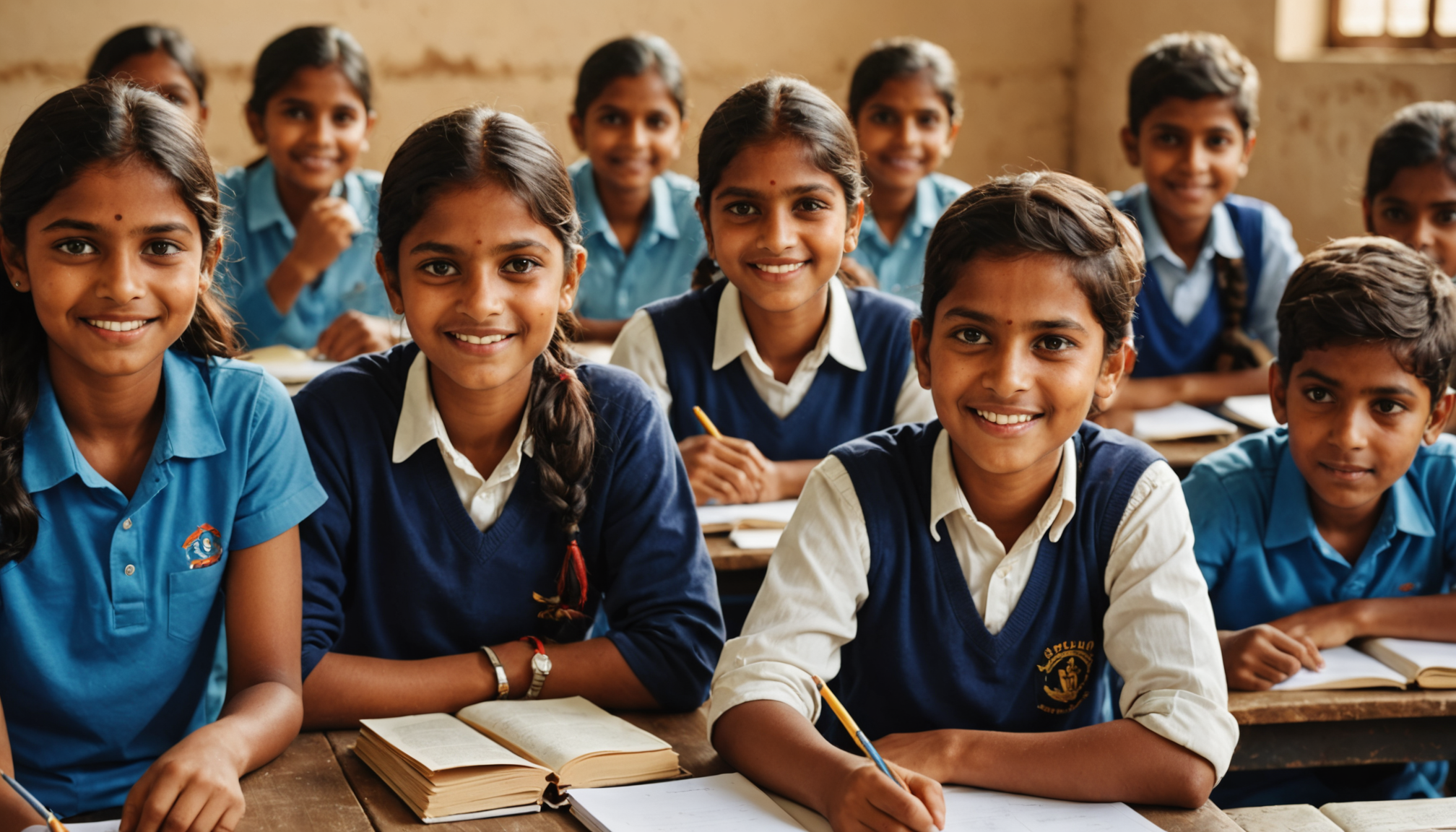 Students and teacher collaborating in a bright Indian classroom, illustrating how to raise funds for education in India